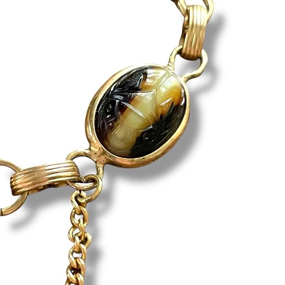 Vintage Scarab Bracelet Art Glass Gold Tone Egyptian Revival 1970s Boho Cabochon - Picture 6 of 12